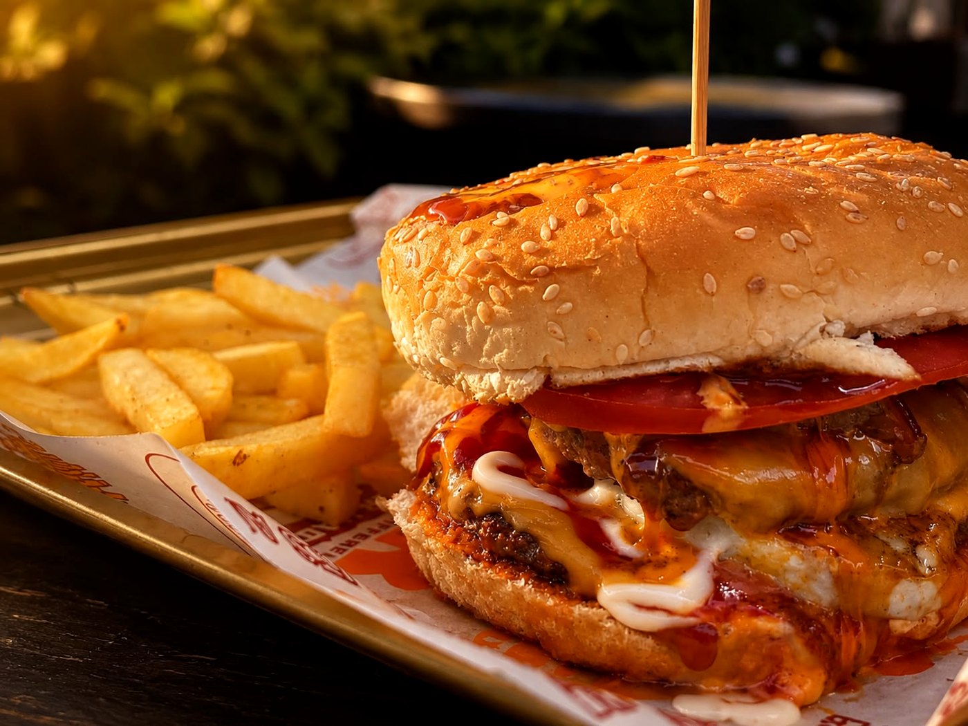 Longui Burger de cerca con queso, tomate y papas